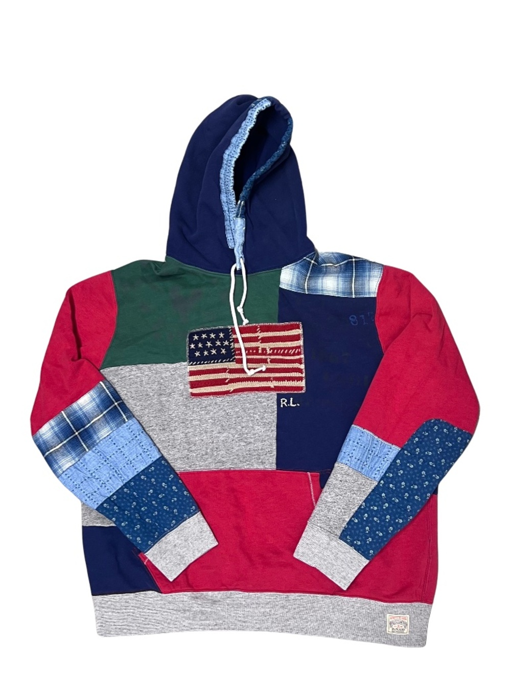 Polo Ralph Lauren Hoodie Mens 2XL Grey Multi Polo Country Patchwork Flag Fleece